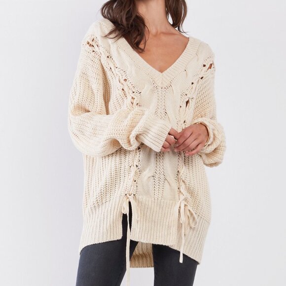 Beige Laced Up Off Shoulder V Neck Tunic Sweater - Picture 5 of 10